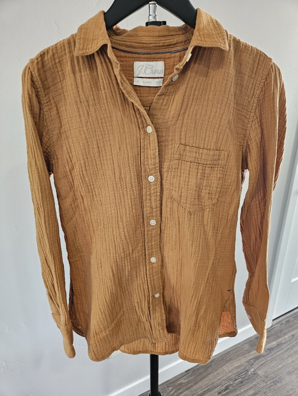 J.Crew 100% cotton women's gauze button-up shirt in a rust orange color